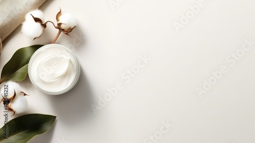 Cosmetic beauty cream with cotton and branch of cotton on pale background. Skin care product with cottonseed oil for beauty routine. Natural cosmetics, eco, sustainable, trend. photo