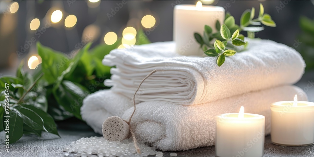 Folded towels arranged against a dark background, accented with candles and leaves, creating a tranquil spa ambiance.