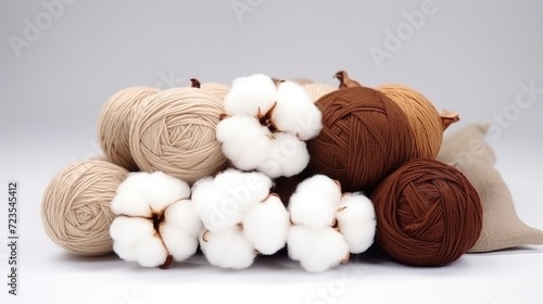 Skeins of yarn for knitting with cotton flower. Natural soft cotton thread bundle 