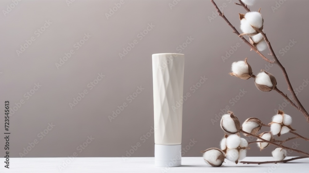 Concept of cotton in skin care product. Beauty tube of cream or cleanser with cottonseed oil ingredient on pale background. Banner, space for text, mockup. Organic cosmetic with cotton Concept of cotton in skin care product. Beauty tube of cream or cleanser with cottonseed oil ingredient on pale background. Banner, space for text, mockup. Organic cosmetic with cotton