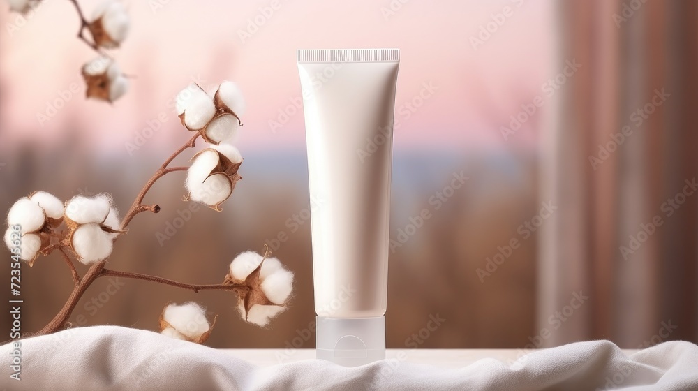 Concept of cotton in skin care product. Beauty tube of cream or cleanser with cottonseed oil ingredient on pale background. Banner, space for text, mockup. Organic cosmetic with cotton