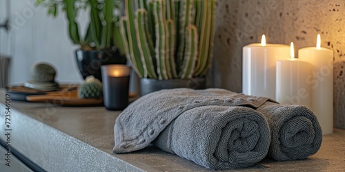 A serene spa setting with folded towels, candles, and leaves set against a dark backdrop, inviting calm and relaxation.