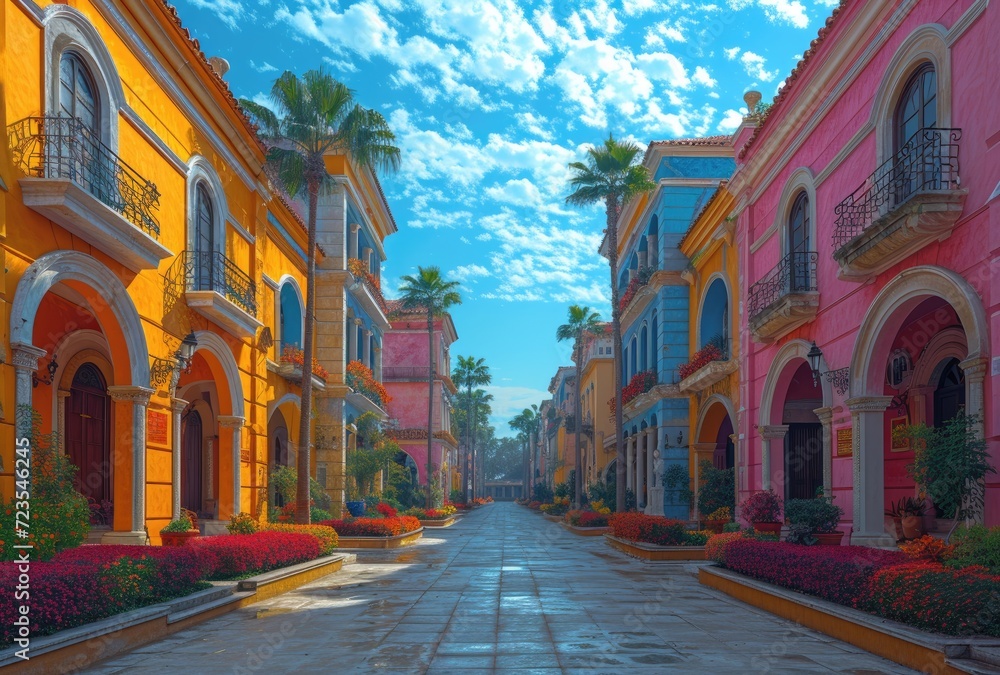 Obraz premium the_city_has_colorful_buildings_that_are_lined_up