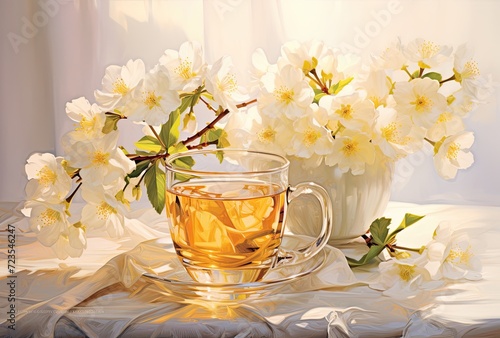 The kitchen graced by a beautiful glass of tea featuring delicate jasmine flowers, evoking freshness and elegance.