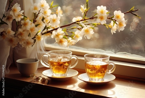 Enhancing the kitchen ambiance, a glass of tea with fresh jasmine flowers offers both visual and aromatic delight.