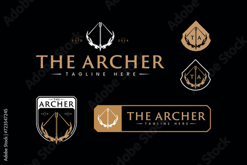 set of hunting logo design template with archery bow and arrow symbol vector for outdoor adventure hunt sports club brand identity