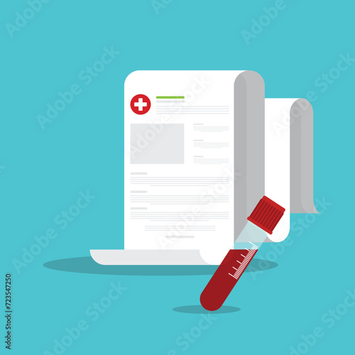 Blood analysis. Blood test. Medical research report with medical sample in a glass tube.	