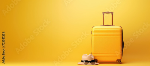 Yellow suitcase with hat and on yellow background, minimal style, travel concept.