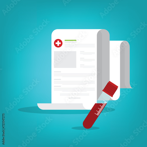 Blood analysis. Blood test. Medical research report with medical sample in a glass tube.	
