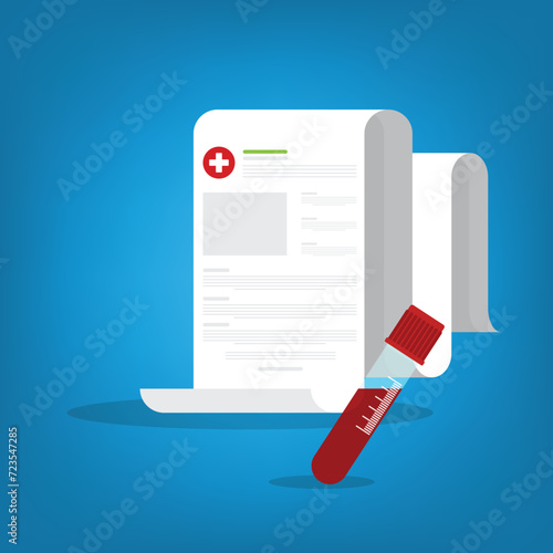 Blood analysis. Blood test. Medical research report with medical sample in a glass tube.	