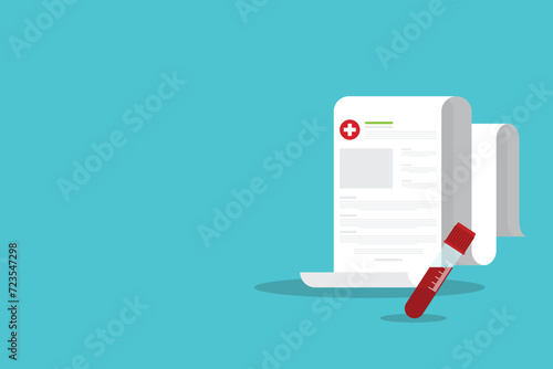 Blood analysis. Blood test. Medical research report with medical sample in a glass tube.	