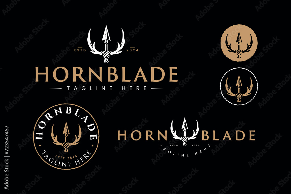 Fototapeta premium set of hunting logo design template with trident shaped horns and spears symbol vector for outdoor adventure hunt sports club brand identity