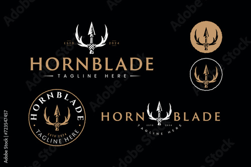set of hunting logo design template with trident shaped horns and spears symbol vector for outdoor adventure hunt sports club brand identity