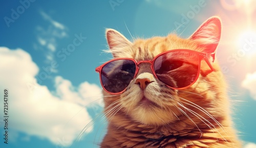 Red cat wearing sunglasses on the background of blue sky with clouds.