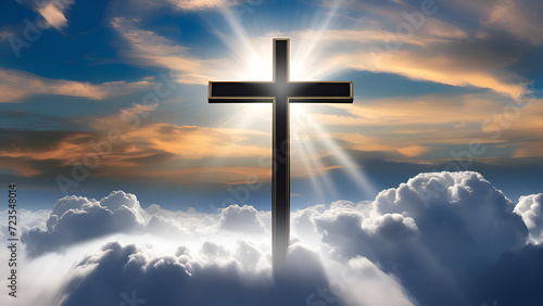 Christian cross appears bright in the sky background