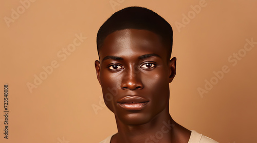 Portrait of a handsome elegant sexy African man with dark and perfect skin, on a creamy beige background.
