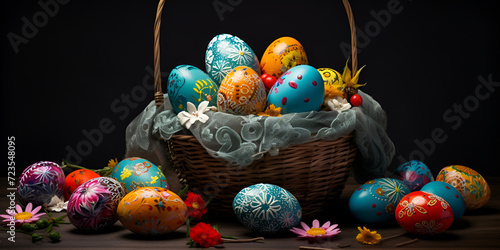 A basket of easter eggs with gold ornaments 