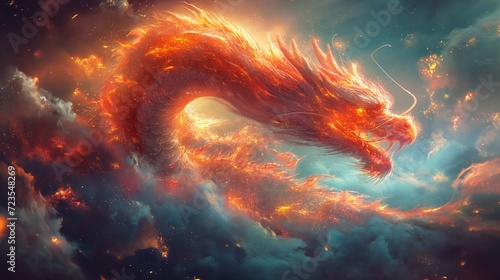 Fantasy of chinese dragon flying on clouds. © Pro Hi-Res