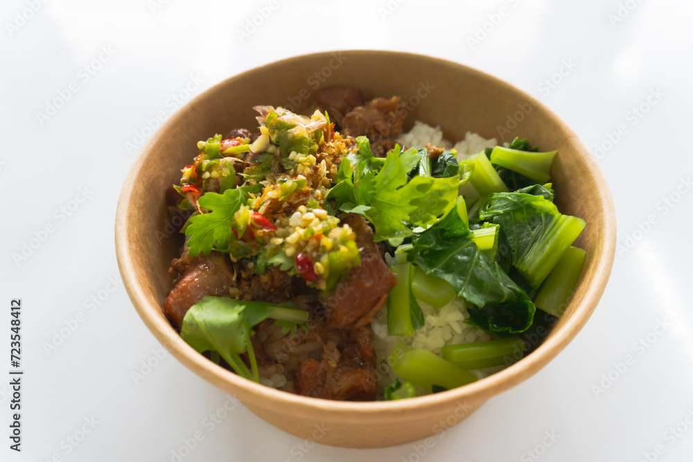 Stewed pork on rice food delicious cuisine of Asian bowl Stewed pork on rice food delicious cuisine of Asian bowl