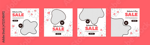 Social media post for valentines day sales promotion. Beautiful promotional banner design with heart decoration for Valentine's Day. Promotional banner for Valentine's Day themed goods.