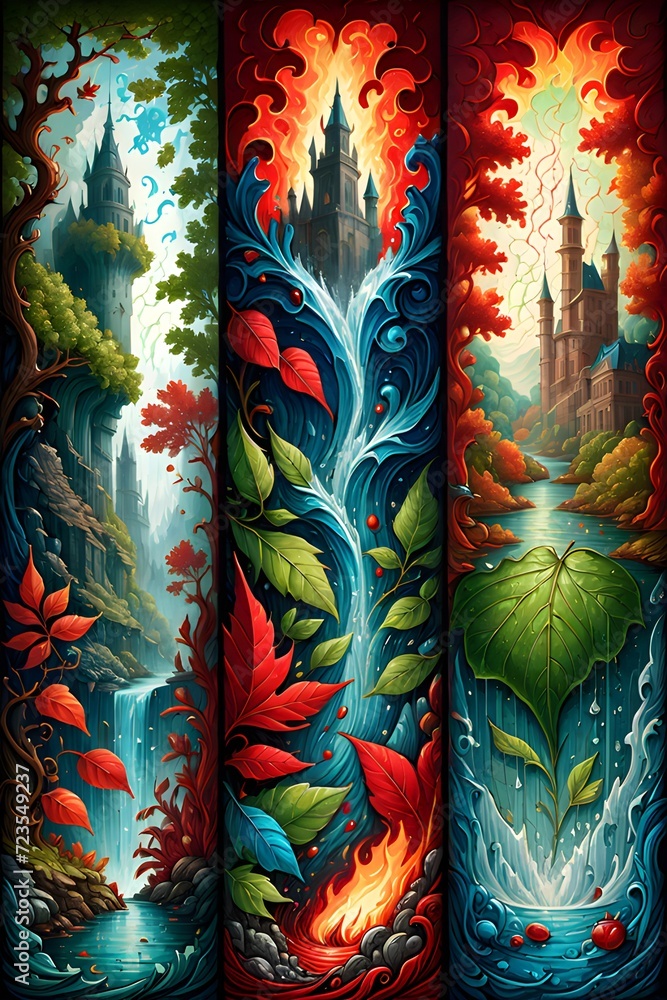 Depiction of three natural paintings side by side with colorful trees, flowers and river. Depiction of three natural paintings side by side with colorful trees, flowers and river.