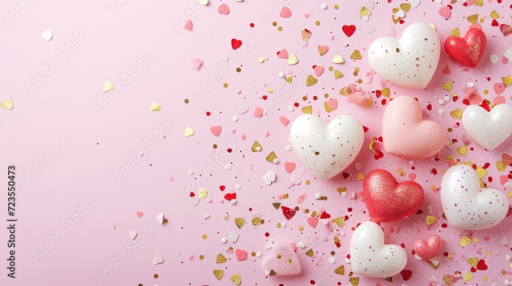 Valentine's day concept background. Red pink and white hearts on light bright pink backgrounds with copy space Valentine's day concept background. Red pink and white hearts on light bright pink backgrounds with copy space