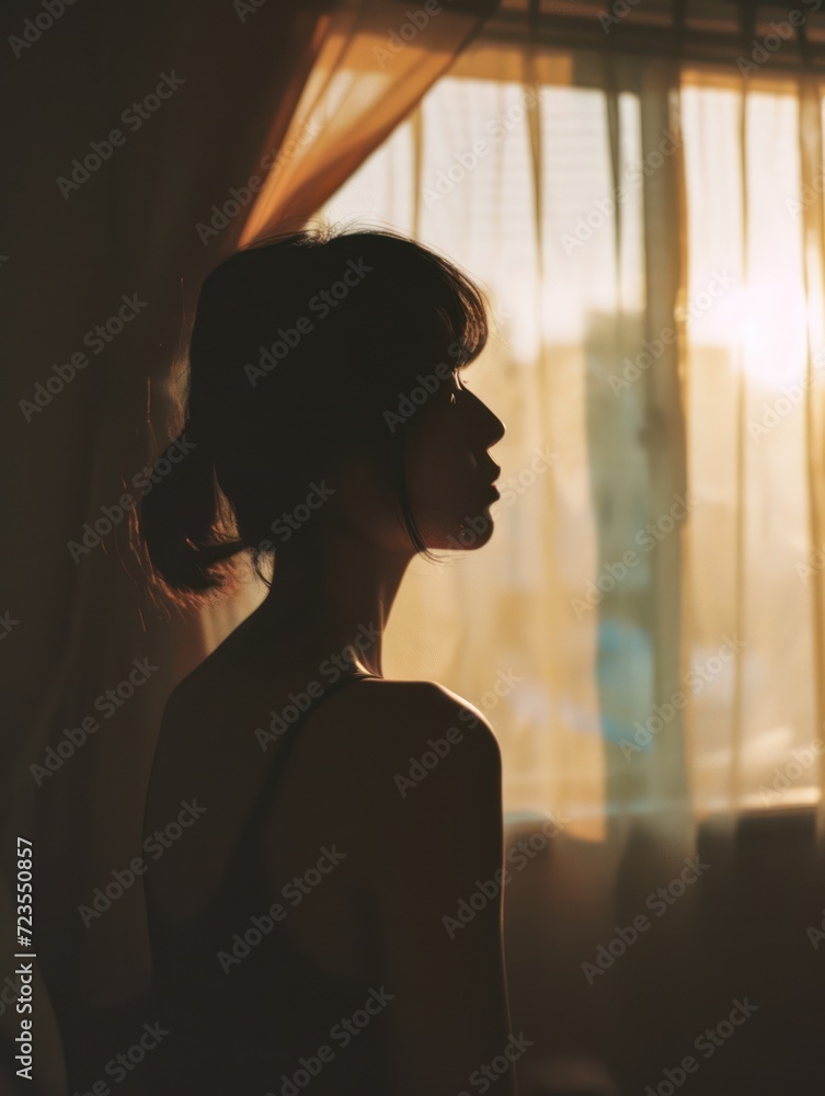 Silhouette of a beautiful young woman standing by the window.