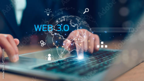 Web 3.0 Technology in the digital tech future, businessmen using laptops with 3.0 Technology global network, Blockchain Global Futuristic, website internet development on data.