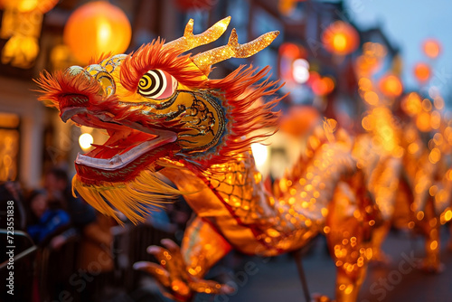 An orange chinese dragon is being moved during street dance Celebration of Chinese New Year festival