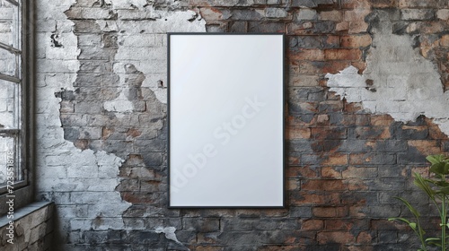 Front view of blank white poster on light brick wall in a modern loft interior with concrete floor.