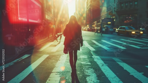 Young woman walking on a city street at sunset in New York City