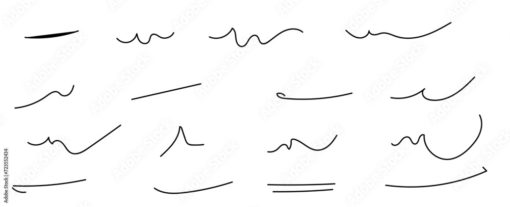 Hand drawn collection set of underline strokes in marker brush doodle style. Grunge brushes. Pen underline line stroke, marker scribble. Hand drawn mark, brush drawn curve. Vector illustration