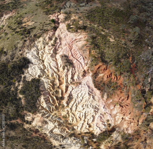 Aerial view of Pink Cliffs Geological Reserve mining activity in the late 19th century the dramatic, colourful cliffs, Heathcote, Victoria, Australia. photo