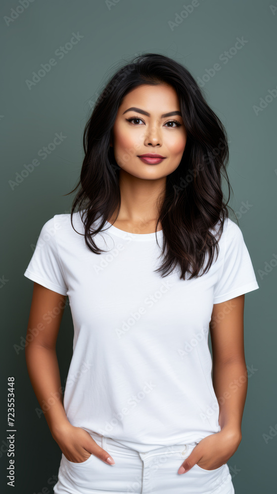 Obraz premium Young Asian woman wearing a white t shirt isolated from a copy space background.