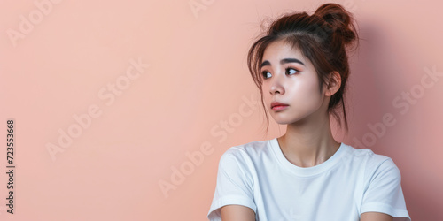 Young Asian woman wearing a white t shirt isolated from a copy space background. © JuanM