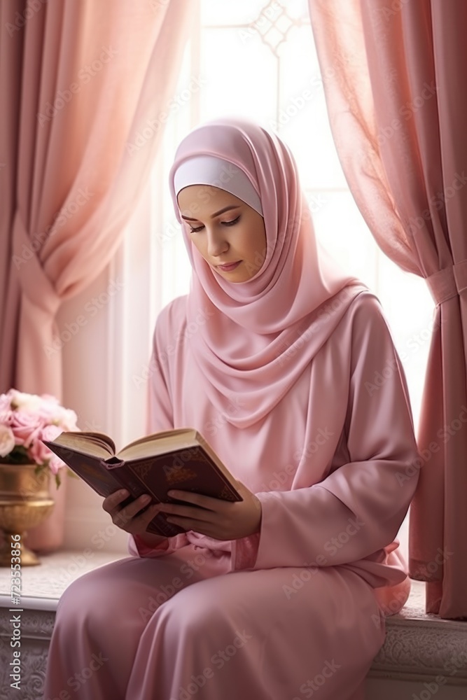A woman in pink reading a book A woman in pink reading a book