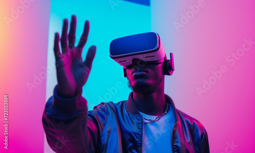 Vr, game or man in online metaverse gaming for fantasy, cyber space or scifi application. Explore, relax and fun virtual reality user or young male person in 3d ai experience in futuristic world © MalamboBot/Peopleimages - AI