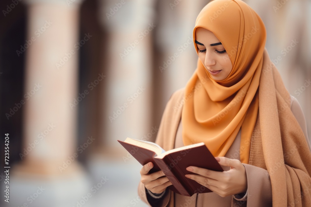 Muslim woman wearing a headscarf, reading a book in a library-like setting.