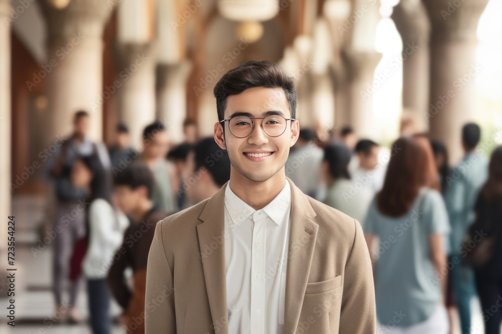 A Campus Smile - Glasses Wearing Young Man Posing for a Photo A Campus Smile - Glasses Wearing Young Man Posing for a Photo