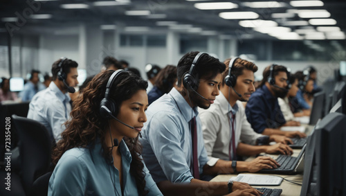 Group of diverse business people wearing headset working at call center. Large group of telephone workers or operators working in row at busy office. photo