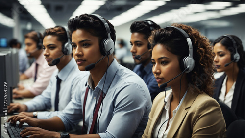 Group of diverse business people wearing headset working at call center. Large group of telephone workers or operators working in row at busy office.
