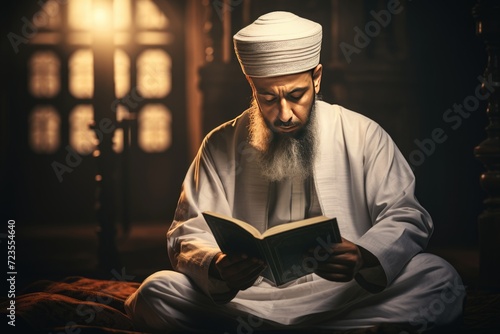 The Mystical Muslim Man Reading the Quran in a Mosque