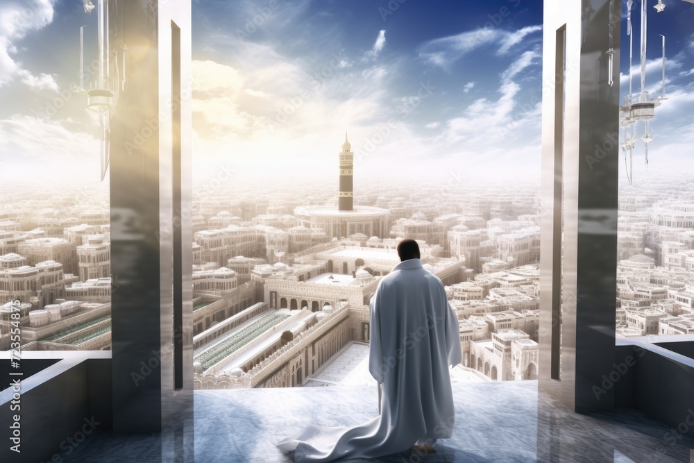 A man in a white robe contemplating the city from a high place A man in a white robe contemplating the city from a high place
