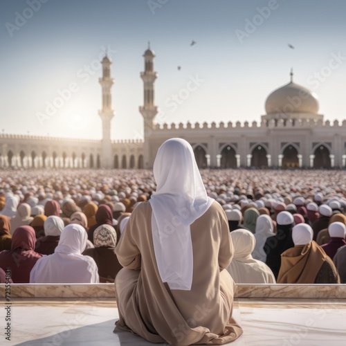 A Mosque filled with Worshipers - A Muslim woman in a white headscarf meditates in a crowded mosque photo