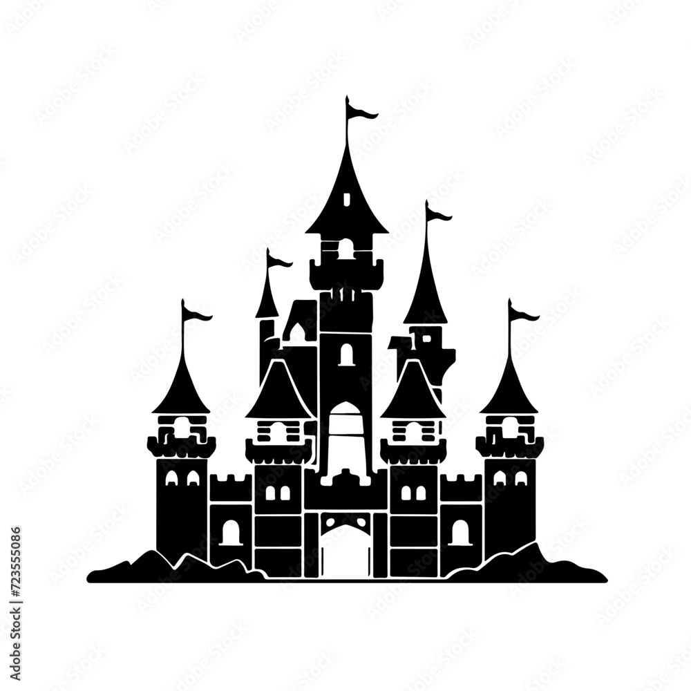 A black castle with five towers.