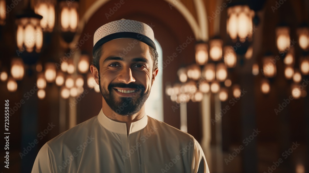 Smiling Muslim man wearing a white hat and traditional clothing Smiling Muslim man wearing a white hat and traditional clothing