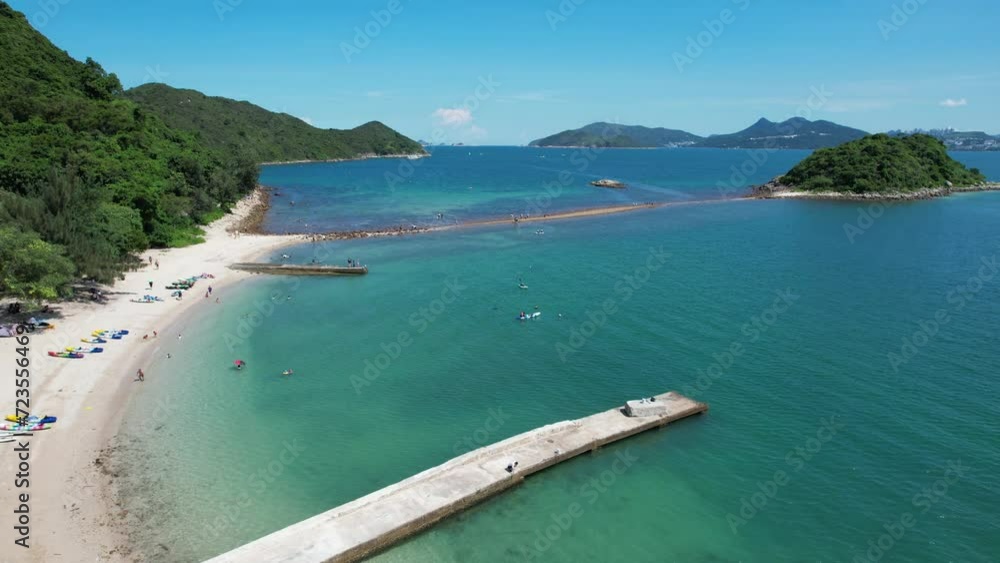 Sai Kung Sharp Island Sand Levee, natural beauty and geo heritage, rock were sculpted into by weathering processes and wave erosion in Kiu Tsui Chau Country Park, Hong Kong, aerial drone sky view Sai Kung Sharp Island Sand Levee, natural beauty and geo heritage, rock were sculpted into by weathering processes and wave erosion in Kiu Tsui Chau Country Park, Hong Kong, aerial drone sky view