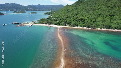 Sai Kung Sharp Island Sand Levee, natural beauty and geo heritage, rock were sculpted into by weathering processes and wave erosion in Kiu Tsui Chau Country Park, Hong Kong, aerial drone sky view photo