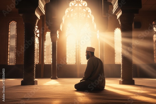 A Muslim man in a Mosque, seeking enlightenment through prayer. photo