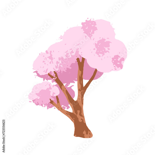 Sakura, Japanese cherry blossom tree. Asian floral plant, oriental sacura blooms on branches, trunk. Gorgeous spring Japan flowers. Flat vector illustration isolated on white background